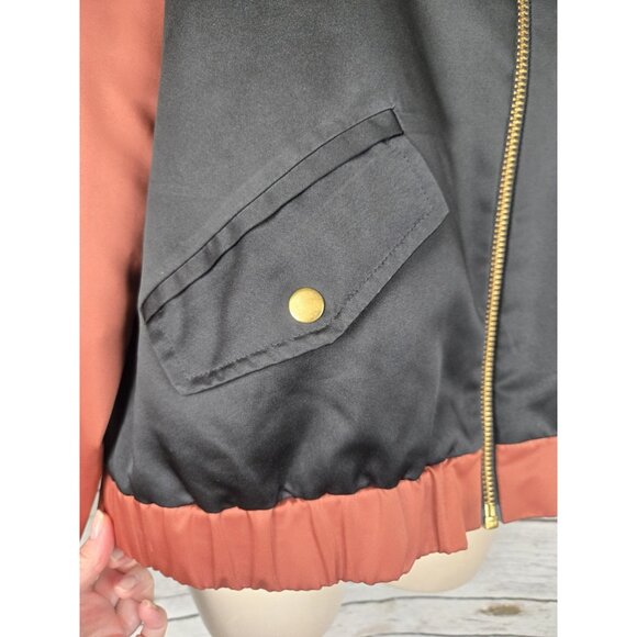 Stine Goya Embroidered Bomber Jacket Womens L Satin Full Zip Brown Black - Picture 7 of 12